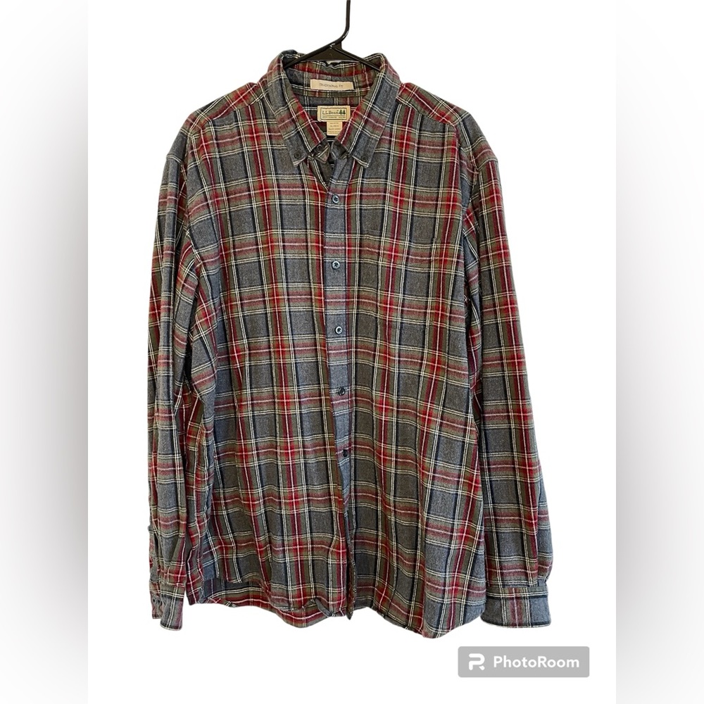 LL Bean Mens Scotch Plaid Traditional Fit Flannel Shirt XL Button Down Gray Red